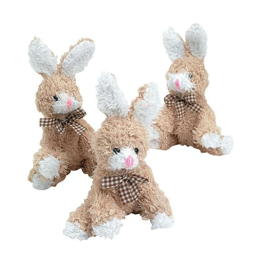 Easter Basket Fillers * | Best Sale Scruffy Brown Stuffed Bunnies With Gingham Bow 12 Pc.