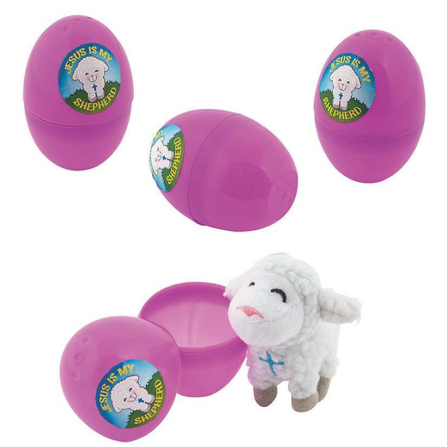 Easter Basket Fillers * | Cheap 4 Religious Easter Eggs With Mini White Stuffed Lamb 12 Pc.